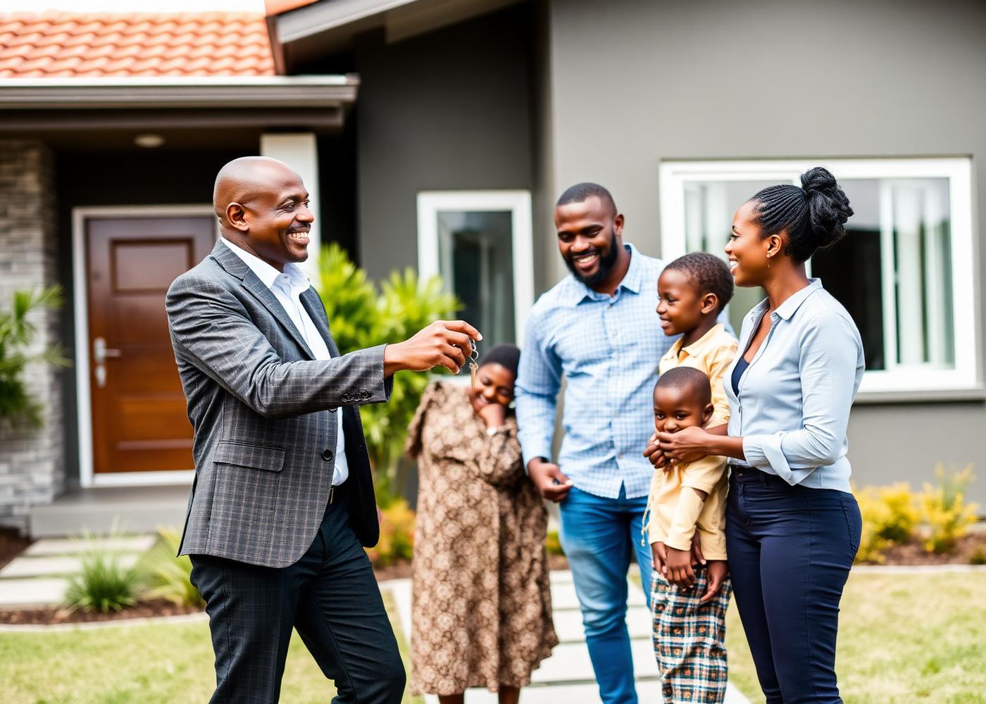 Estate agent handing keys to a Kenyan family