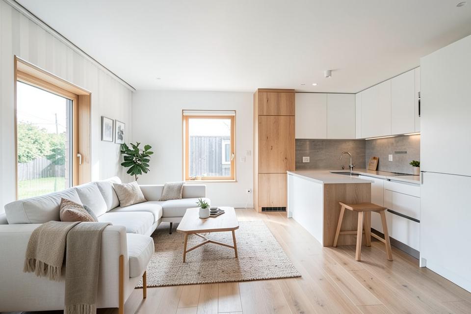 Bright open-plan container home interior with lounge and fitted kitchen