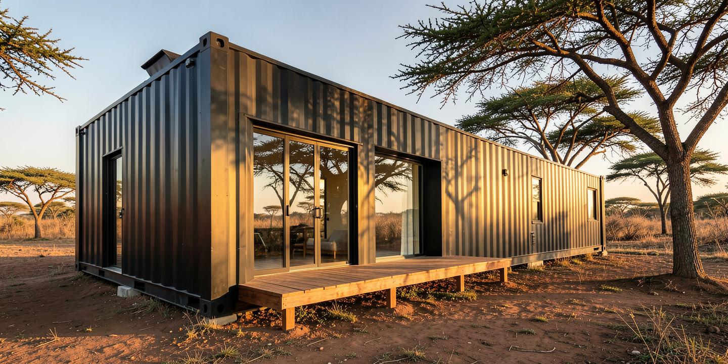 Modern container home with a wooden deck in the Kenyan savanna at golden hour